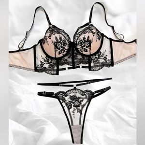 Floral Embroidery Bow Semi Sheer Lingerie Set